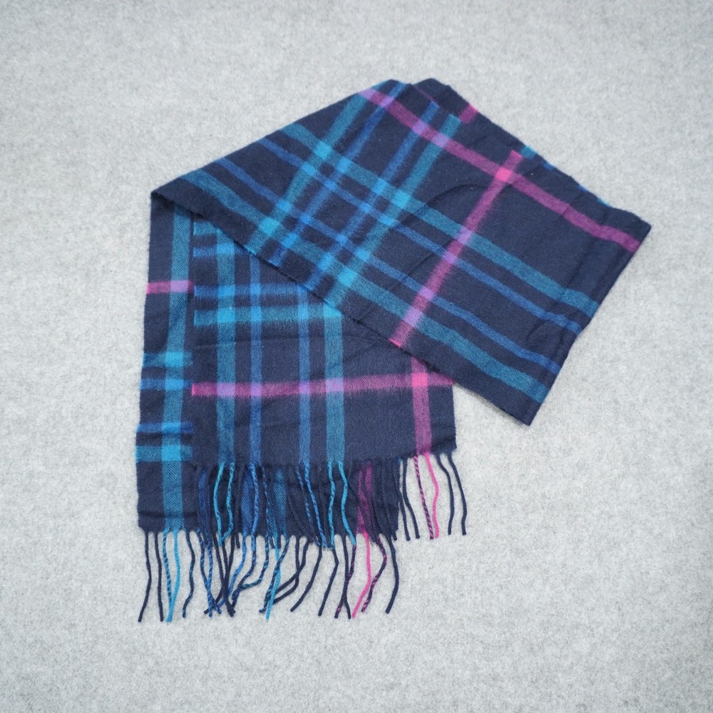 Charter Club OS Scarf Women's 100% Cashmere Navy Blue Plaid Fringe Luxury
